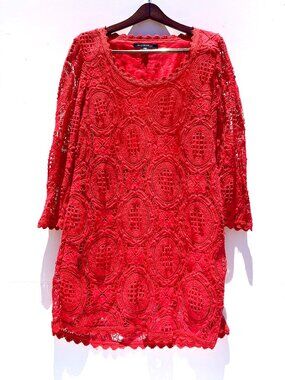 Women’s French Connection 100% Cotton Crochet 3/4 Sleeve Red Mini Dress Size 10